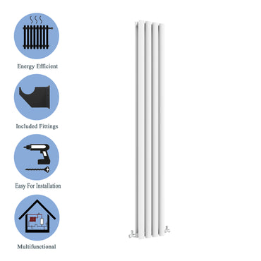 Aidal- Designer Vertical 1800x236mm Double White Oval Column Radiator