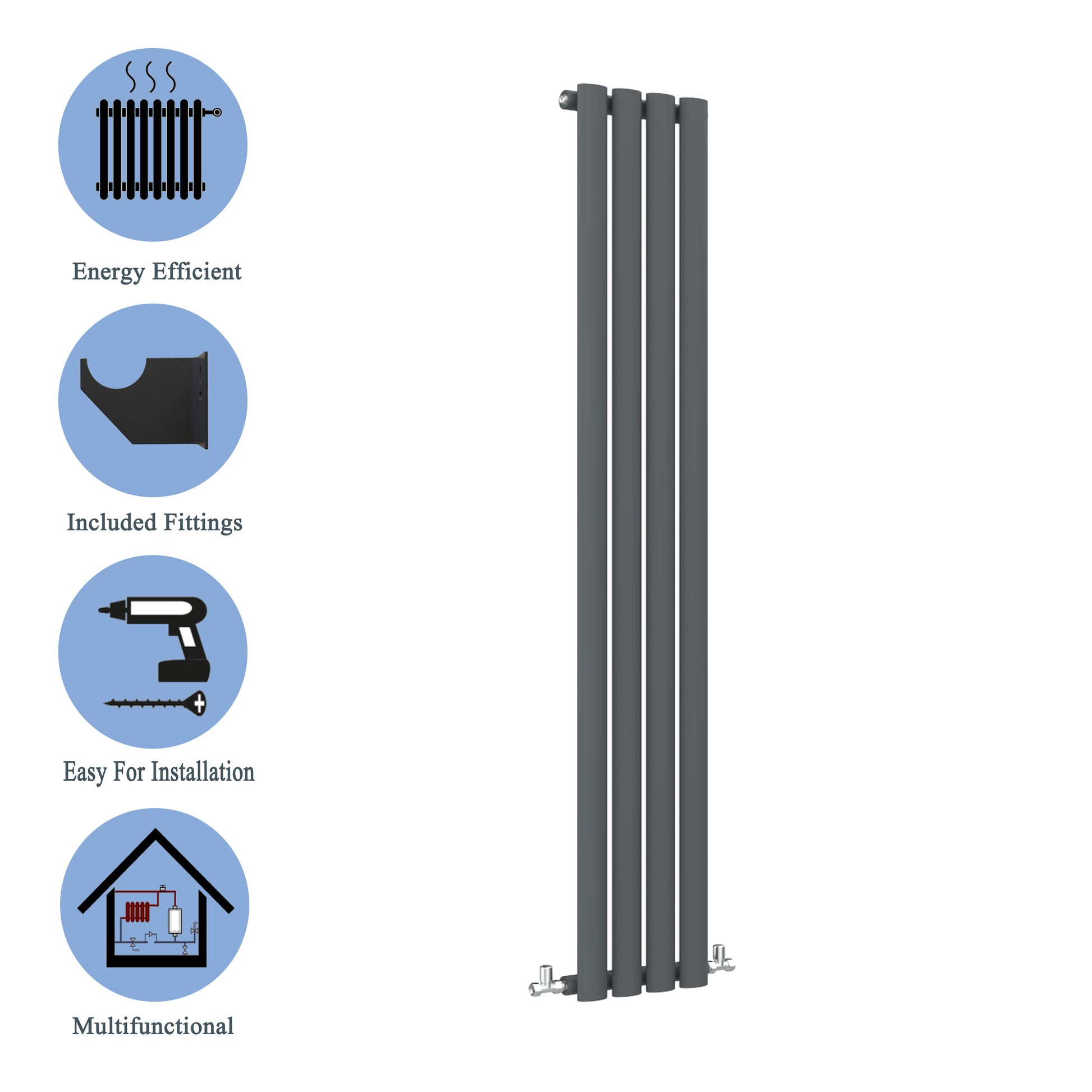 Aidal- Designer Vertical 1800x236mm Single Anthracite Oval Column Radiator