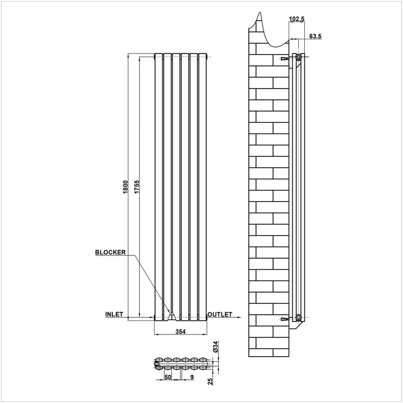 1800x354mm double white oval column radiator dimension