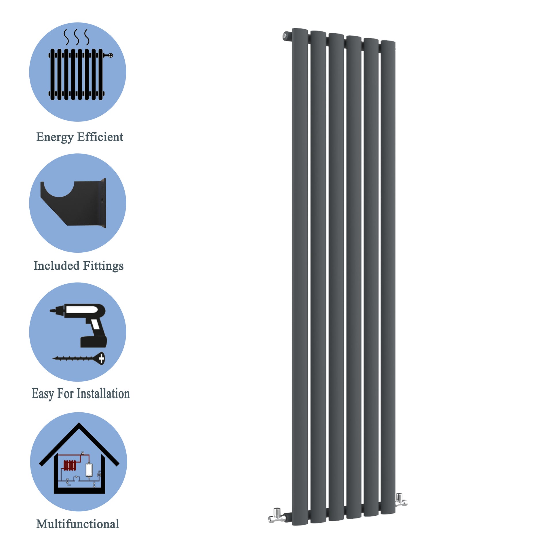 Aidal- Designer Vertical 1800x354mm Single Anthracite Oval Column Radiator