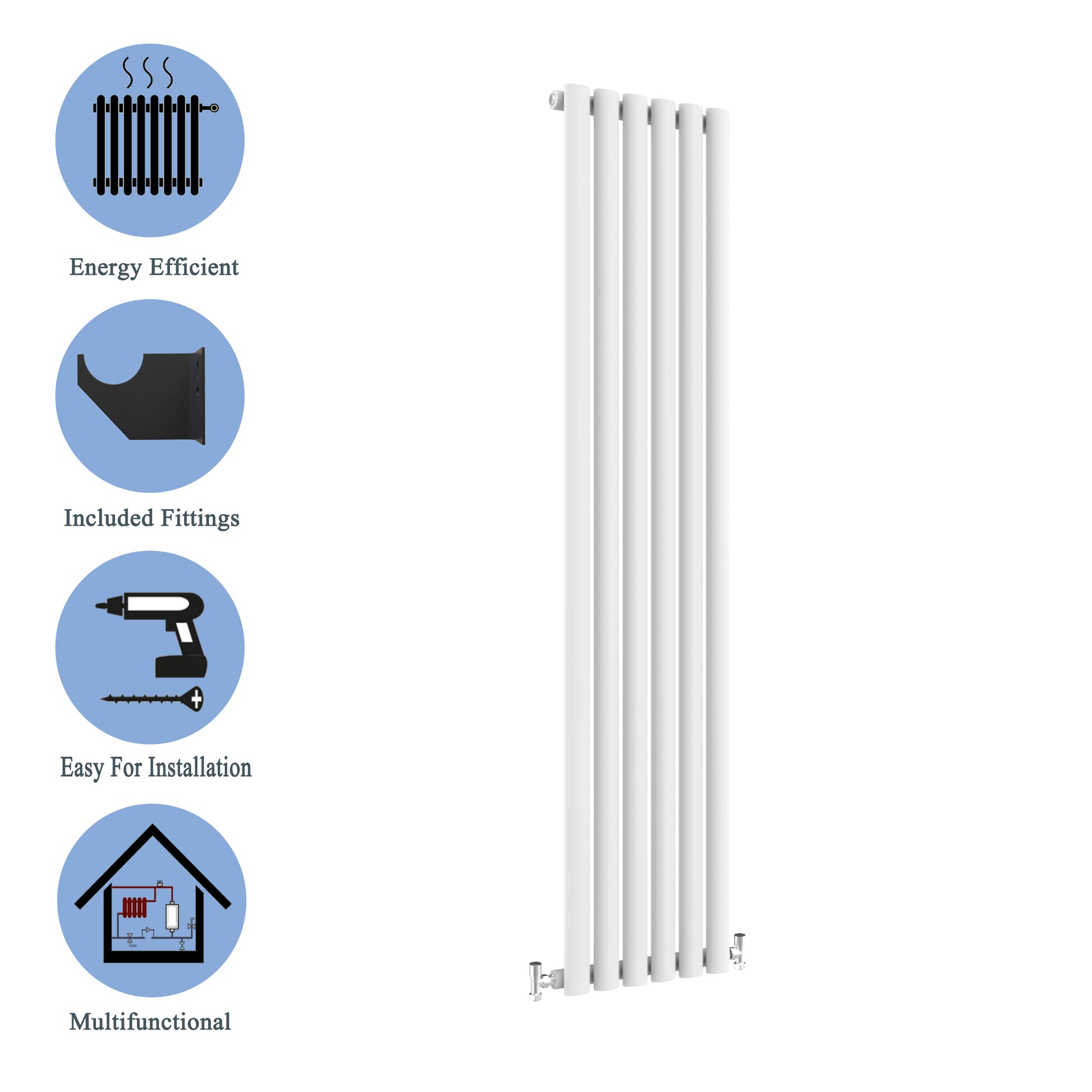 Aidal- Designer Vertical 1800x354mm Single White Oval Column Radiator