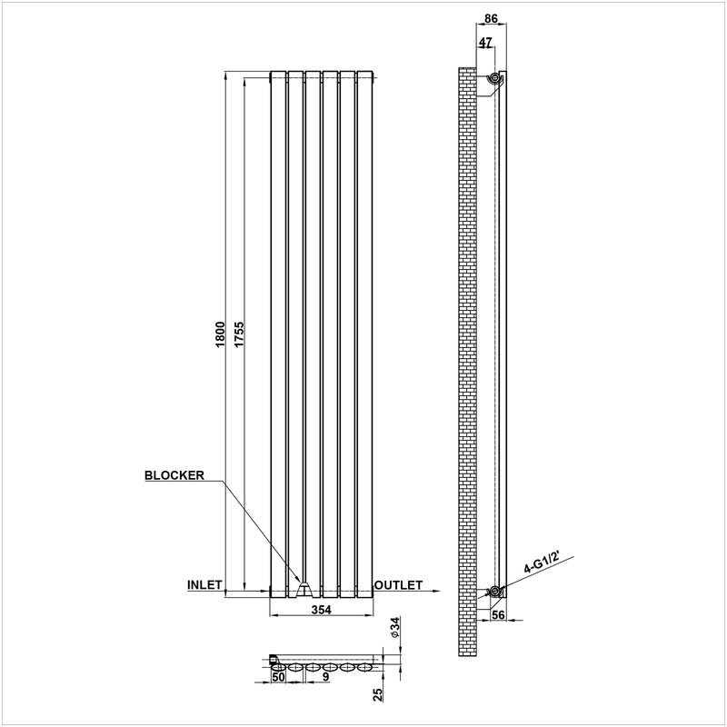 1800x354mm single white oval column radiator dimension