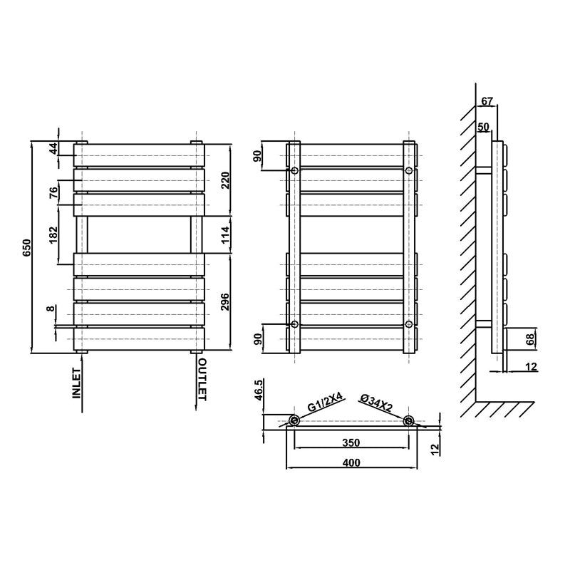 650x400mm black towel rail radiator dimension