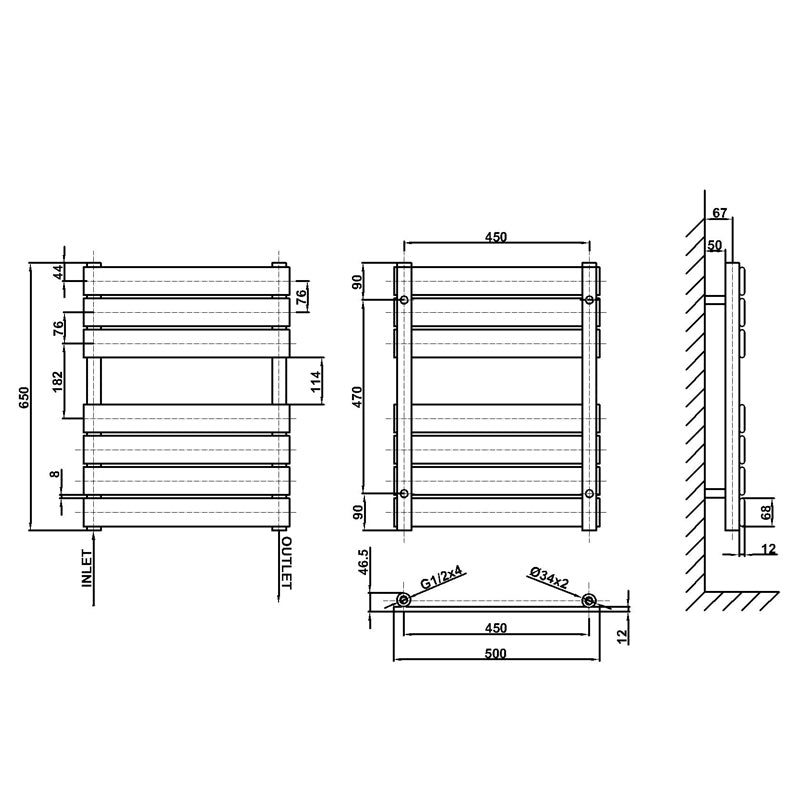 650x500mm black towel rail radiator dimension