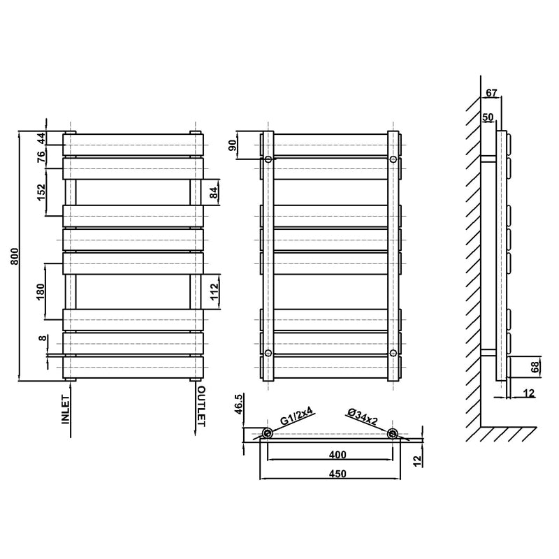 800x450mm anthracite towel rail radiator dimension