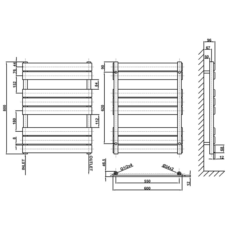 800x600mm black towel rail radiator dimension