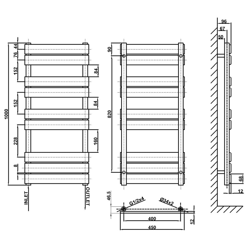 1000x450mm anthracite towel rail radiator dimension