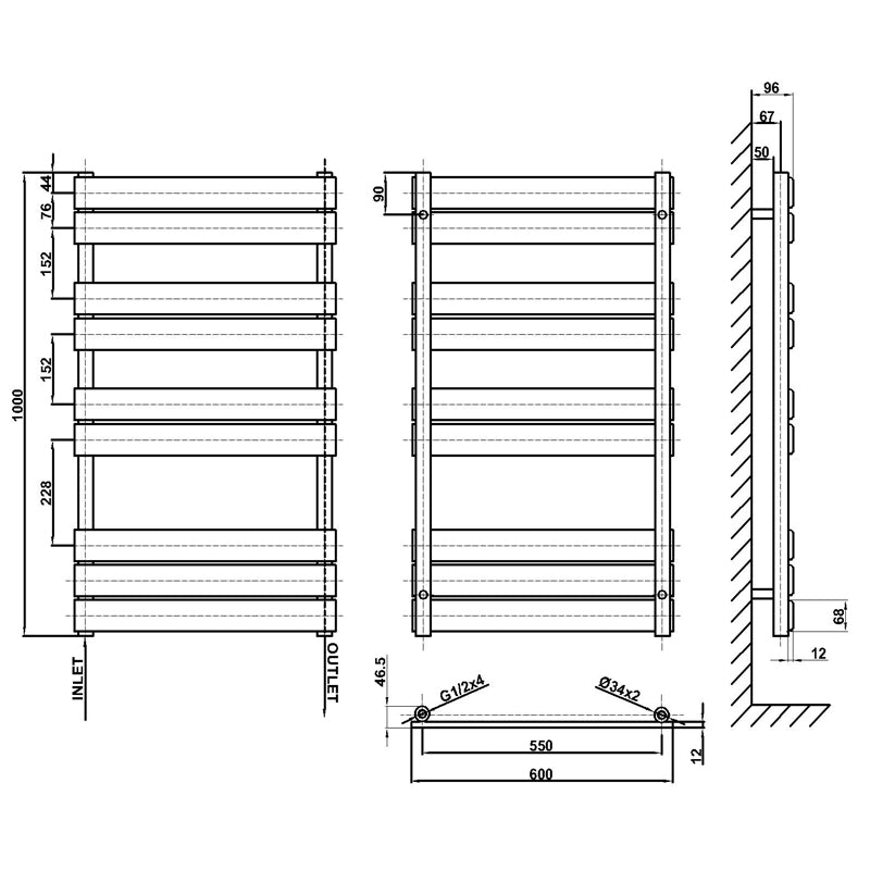 1000x600mm black towel rail radiator dimension