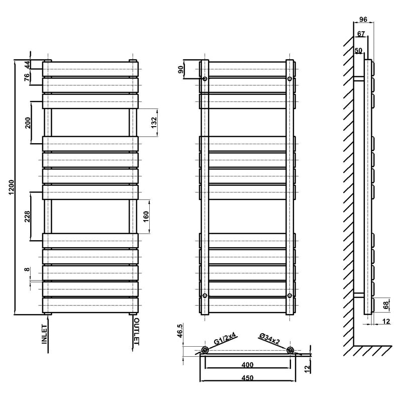 1200x450mm black towel rail radiator dimension