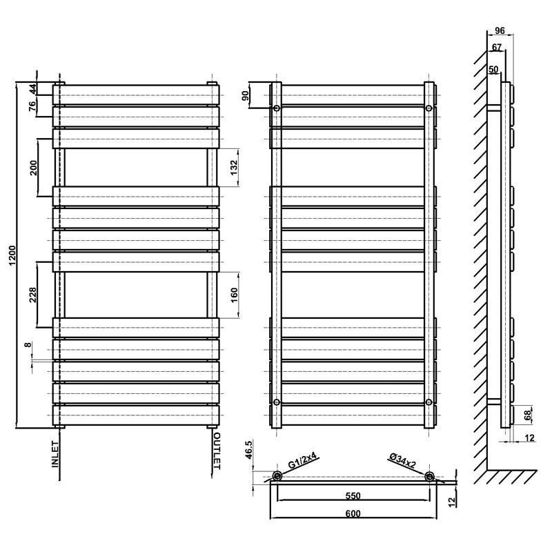 1200x600mm black towel rail radiator dimension