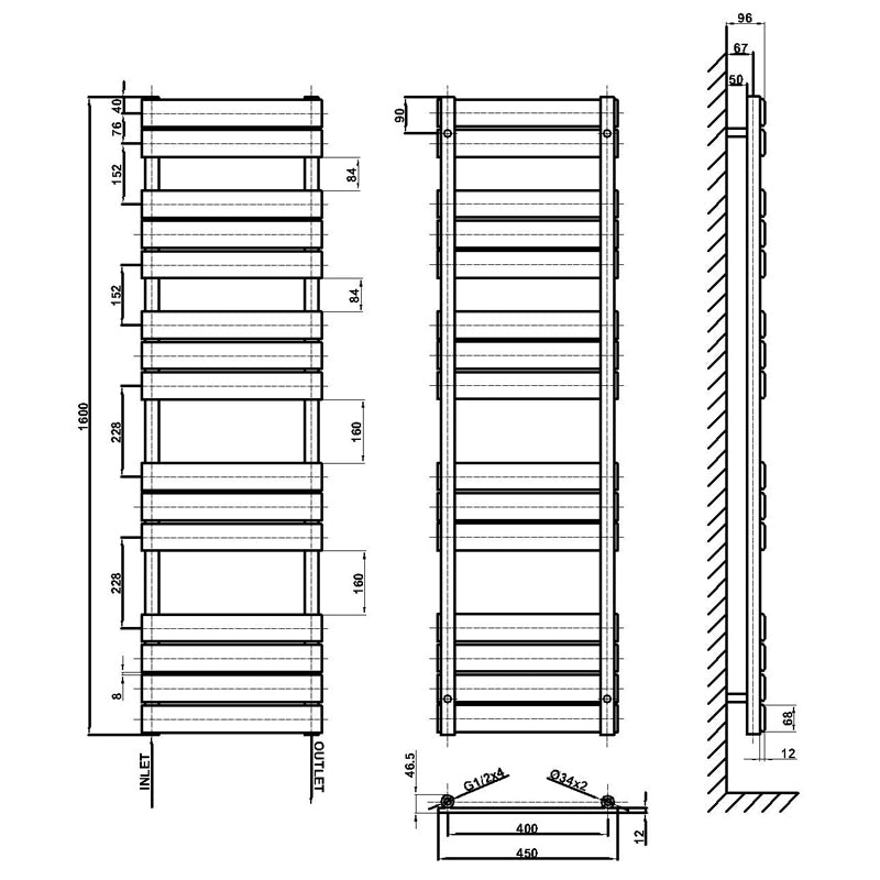 1600x450mm black towel rail radiator dimension