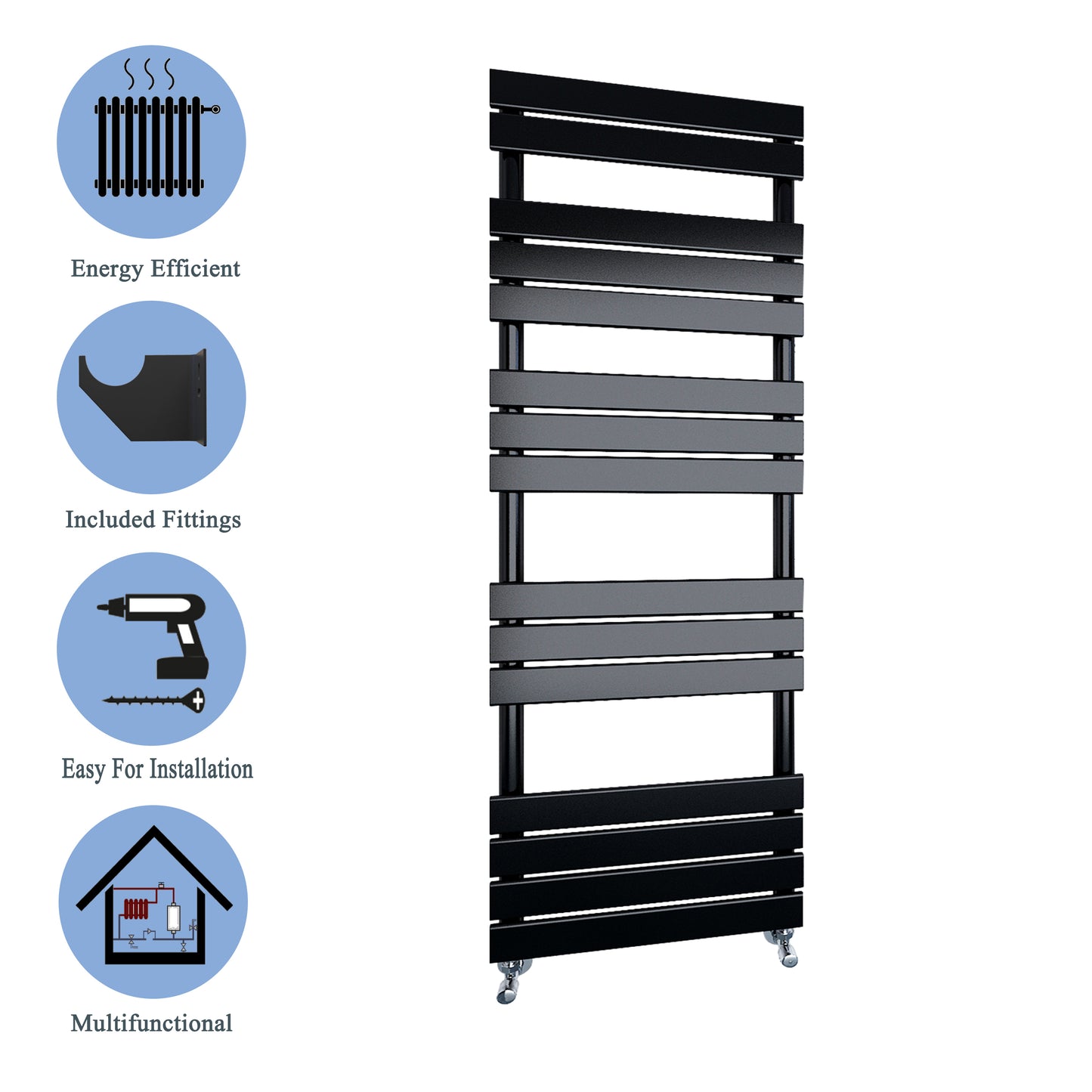 Aidal- Bathroom 1600x450mm Black Towel Rail Radiator