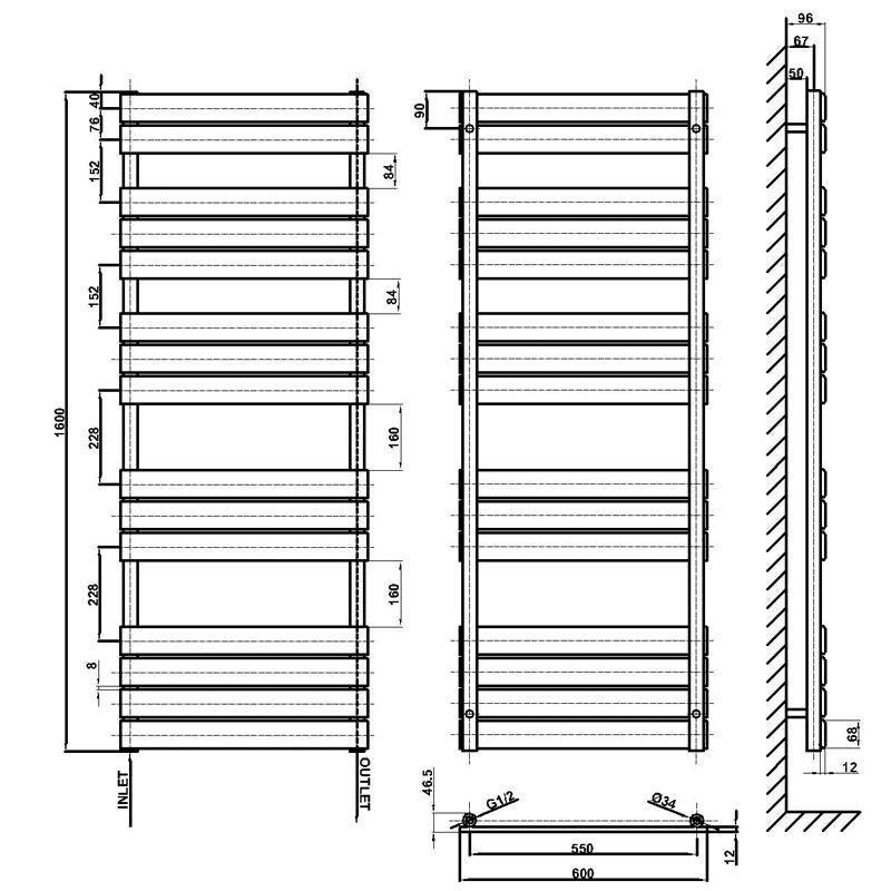 1600x600mm black towel rail radiator dimension